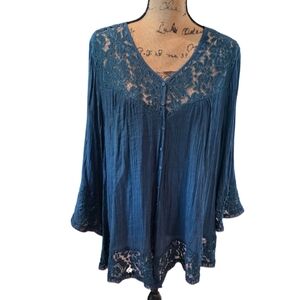 Zac & Rachel Boho Lace-Trim Button Front Tunic Top Shirt Teal Blue Feminine 2X